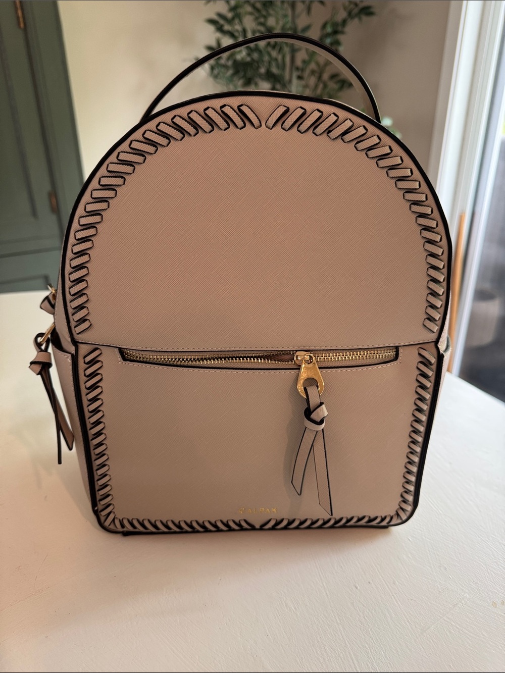 Calpak Blush Leather Mini Backpack with Whipstitch Trim